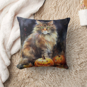 Coussin Chat Maine Coon Halloween avec citrouilles effraya