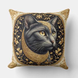 Coussin Chat majestueux avec des détails floraux dorés orn