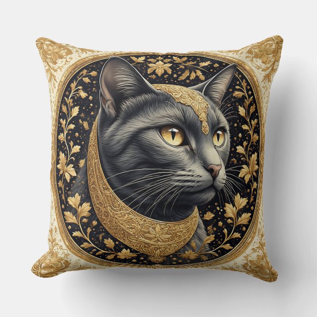 Coussin Chat majestueux avec des détails floraux dorés orn (Recto)
