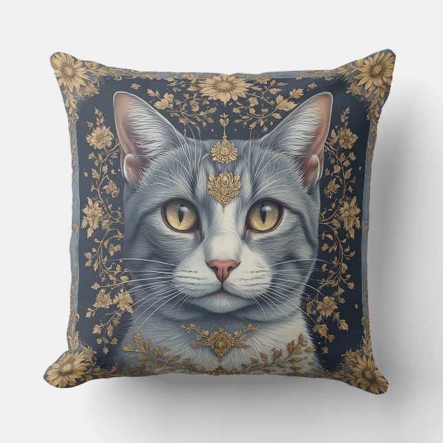 Coussin Chat majestueux avec des détails floraux dorés orn (Recto)