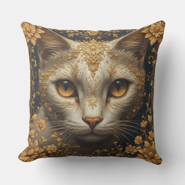 Coussin Chat majestueux avec des détails floraux dorés orn (Recto)