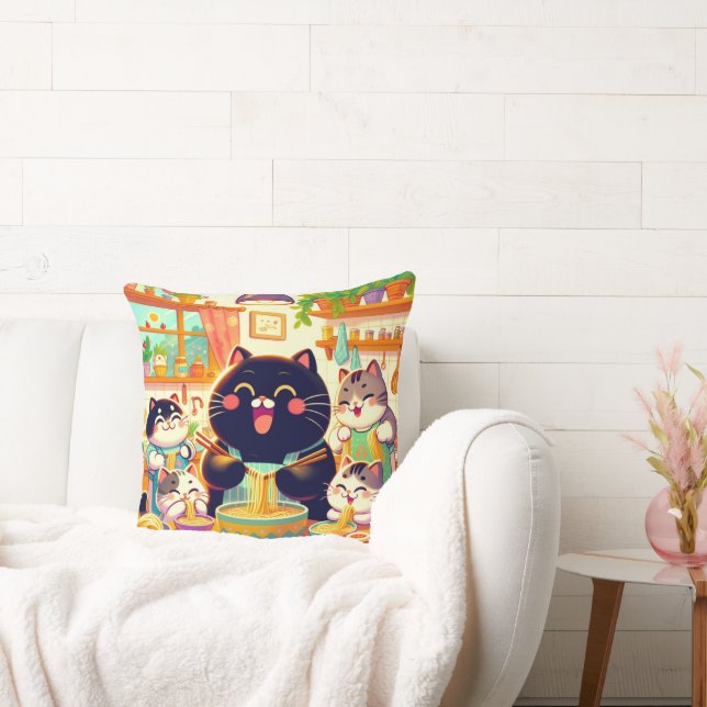 Coussin Chat mangeant de la soupe de nouilles avec des ami (Canapé)