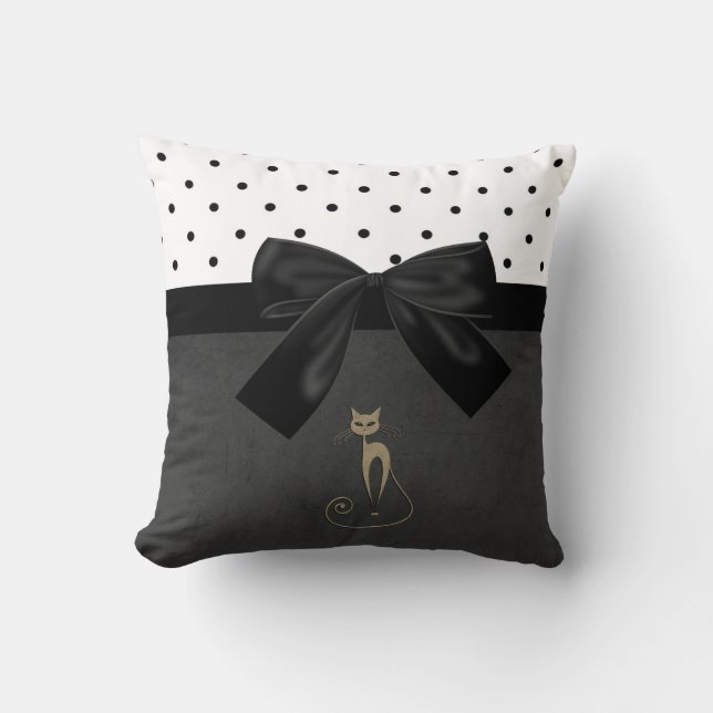 Coussin Chat mignon adorable, pois, nœud noir (Recto)