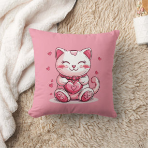 Coussin chat mignon amoureux de coeur rose