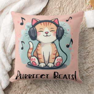 Coussin Chat mignon avec casque Kawaii Music Lover Art