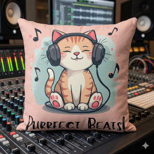 Coussin Chat Mignon avec Écouteurs Amateur de Musique Kawa