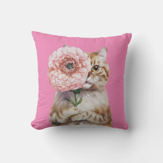 Coussin Chat mignon avec grande fleur| Chat à gingembre ad