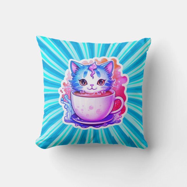 Coussin Chat Mignon Avec Tasse À Café Dessin Animé-94678 (Recto)