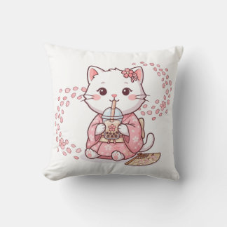 Coussin Chat Mignon Buvant du Thé à Bulles Sakura