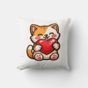 Coussin Chat Mignon Cœur – Chat Kawaii Enlaçant un Cœur Ro