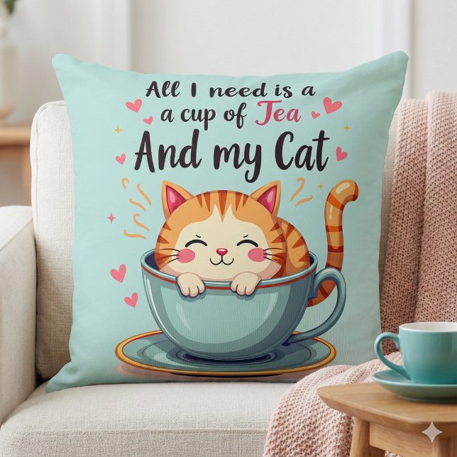 Coussin Chat Mignon dans Tasse de Thé Kawaii Art Douillet (Cute Cat in Teacup Kawaii Cozy Art Throw Pillow Mockup A)