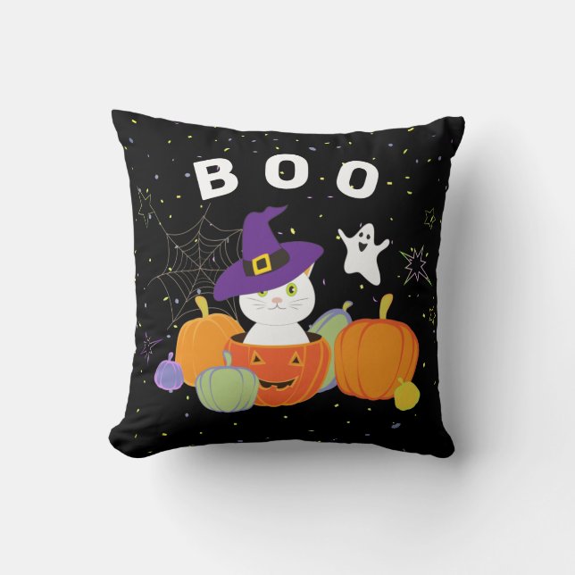 Coussin Chat mignon d'Halloween en Casquette sorcier (Recto)