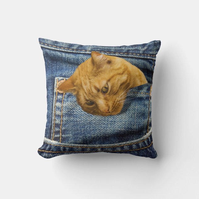 Coussin Chat mignon en jean poche illusion drôle (Recto)