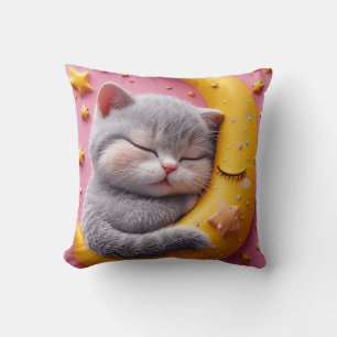 Coussin Chat Mignon Endormi sur la Lune pour la Nurserie