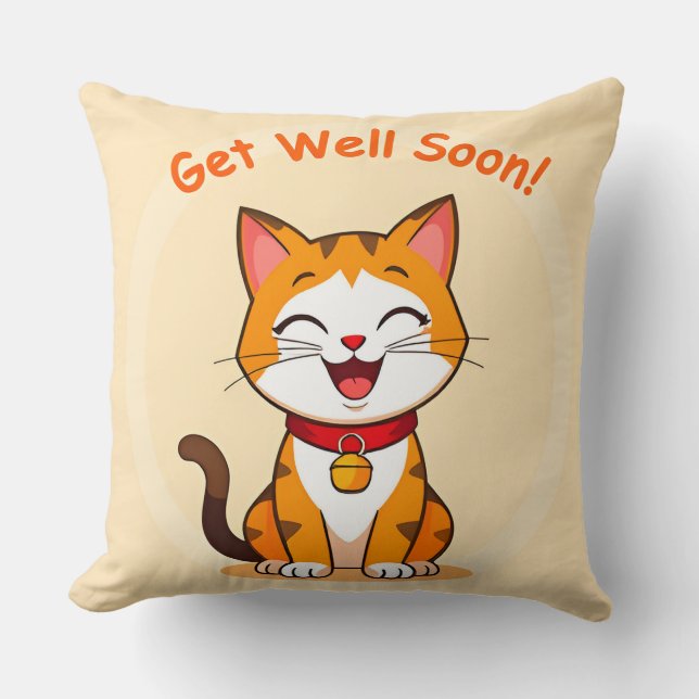 Coussin Chat Mignon Sourire Avec Message 'Rétablis-Toi Vit (Recto)