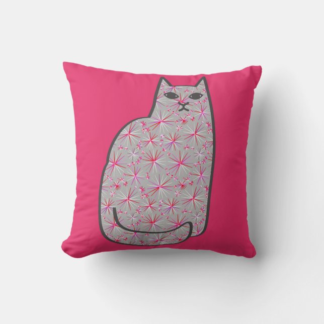 Coussin Chat moderne du milieu du siècle, gris et Fuchsia  (Recto)