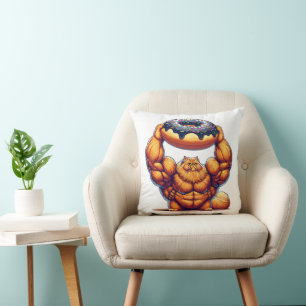 Coussin Chat Musclé qui Soulève un Beignet