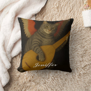 Coussin Chat musicien ailé jouant du luth Art
