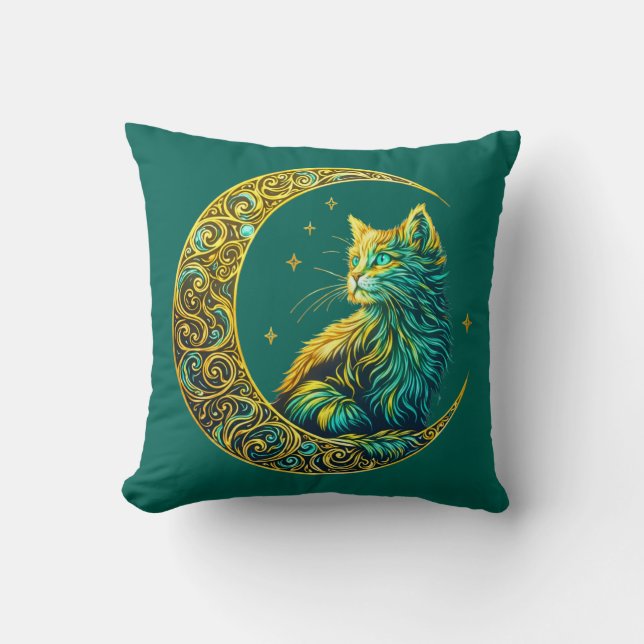 Coussin Chat mystique sur la lune, design de nuit céleste (Recto)