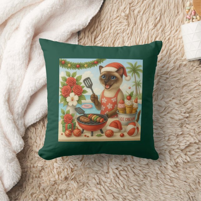 Coussin Chat Noël Été Juillet Fête Piscine (Couverture)