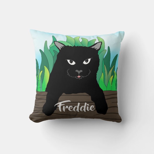 Coussin Chat noir à la clôture avec herbe verte, dos solid (Recto)