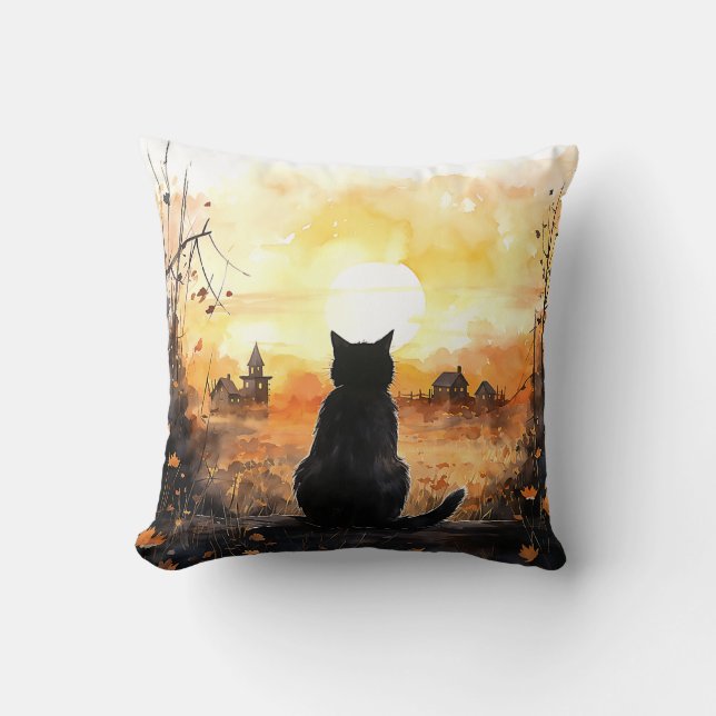 Coussin Chat noir à la mise en place soleil automne Hallow (Recto)