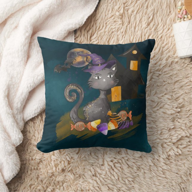 Coussin Chat noir à l'aquarelle avec des bonbons, Hallowee (Couverture)