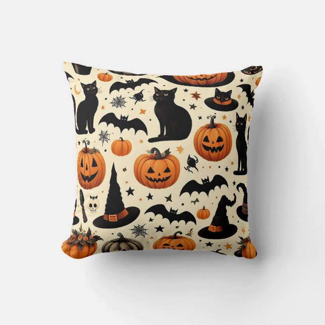 Coussin Chat noir à thème Halloween et Motif Citrouille (Recto)