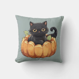Coussin Chat Noir Adorable dans un Citrouille Halloween Ve