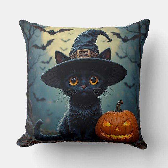 Coussin Chat noir adorable portant un chapeau de sorcière (Recto)