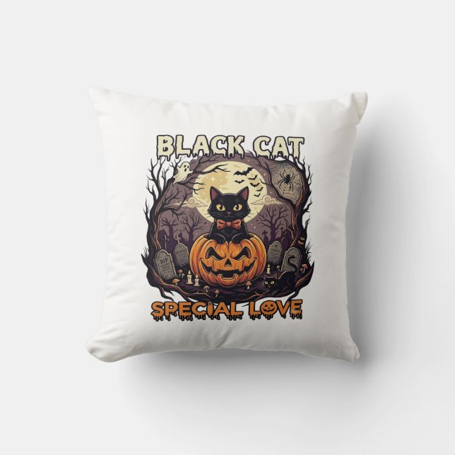 Coussin Chat Noir Amour Spécial Halloween Citrouille Plein (Recto)