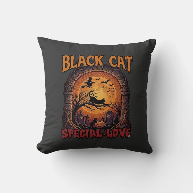Coussin Chat Noir Amour Spécial Halloween Lune Sorcière Ci (Recto)