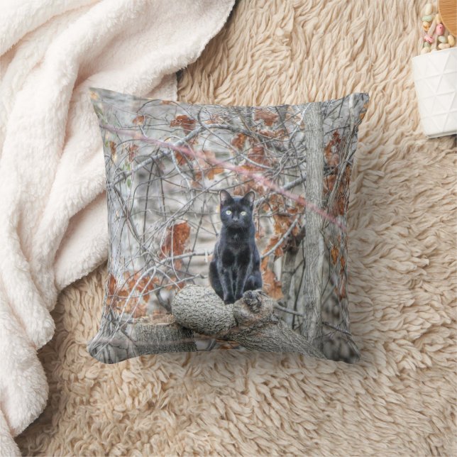 Coussin Chat Noir Assis à l'Extérieur (Couverture)