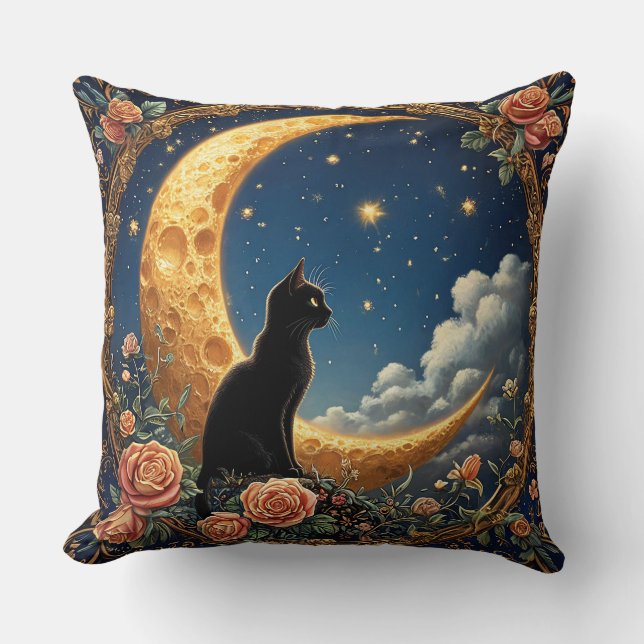 Coussin Chat noir assis près d'un croissant de lune (Recto)