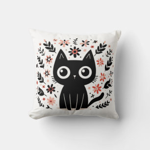 Coussin Chat noir aux grands yeux et aux fleurs