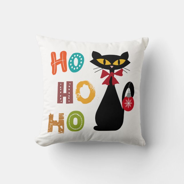 Coussin Chat noir avec design de texte Ho Ho Ho (Recto)