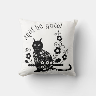 Coussin Chat noir avec fleurs et expression portugaise