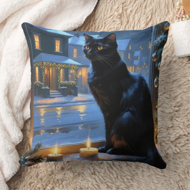 Coussin Chat Noir Avec Lumières De Noël Férié (Couverture)