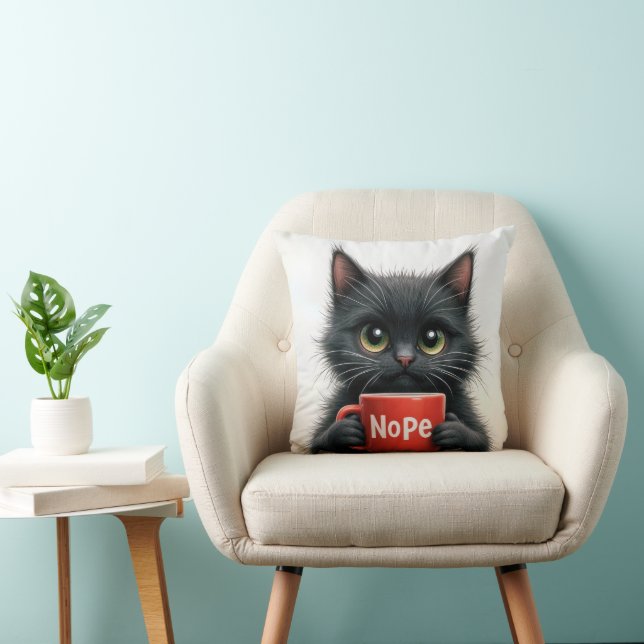 Coussin Chat Noir Avec Mug De Café Amusant (Chaise)