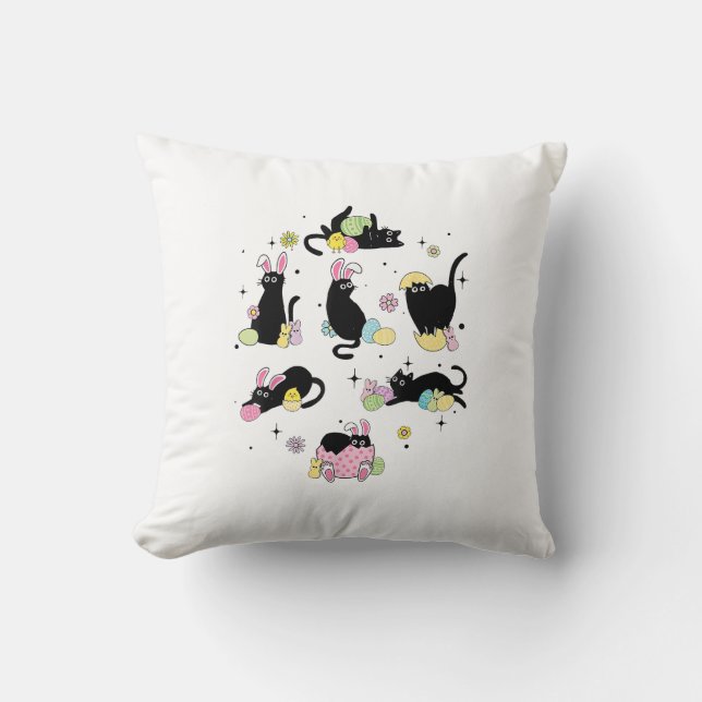 Coussin Chat Noir avec Œufs de Lapin Jour de Pâques Heureu (Recto)