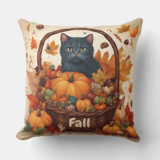 Coussin Chat noir avec panier de récolte d'automne Brown (Recto)