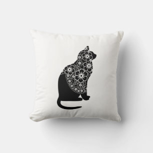 Coussin Chat noir avec Voile Floral   Élégant Gothic Kitty