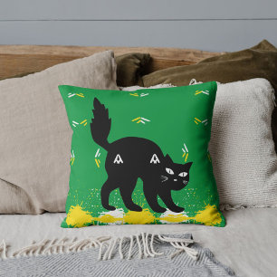 Coussin Chat noir blanc jaune motif vert personnalisé