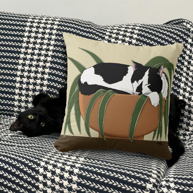 Coussin Chat noir blanc Plante drôle (Créateur téléchargé)