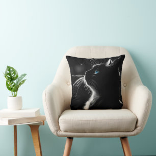 Coussin Chat noir brillant à l'oeil bleu