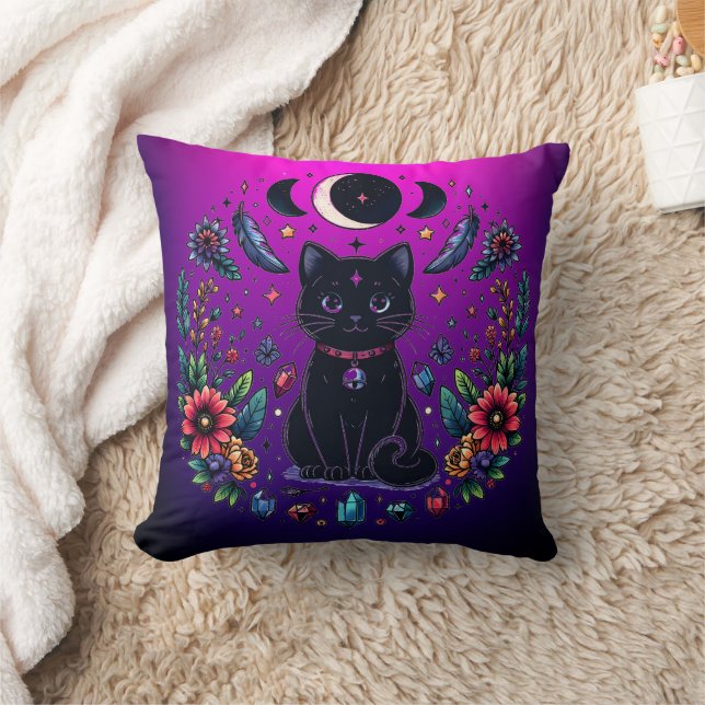 Coussin Chat Noir Céleste Mystique Rose Violet (Couverture)