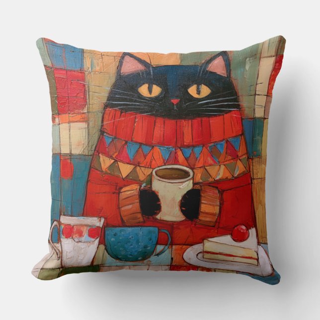 Coussin Chat noir confortable buvant du café au café (Recto)