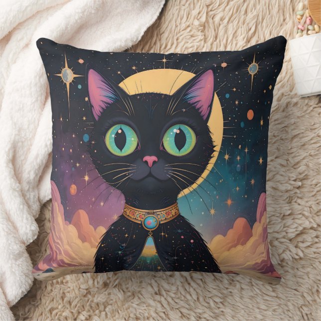 Coussin Chat noir cosmique futuriste atomique au clair de  (Couverture)