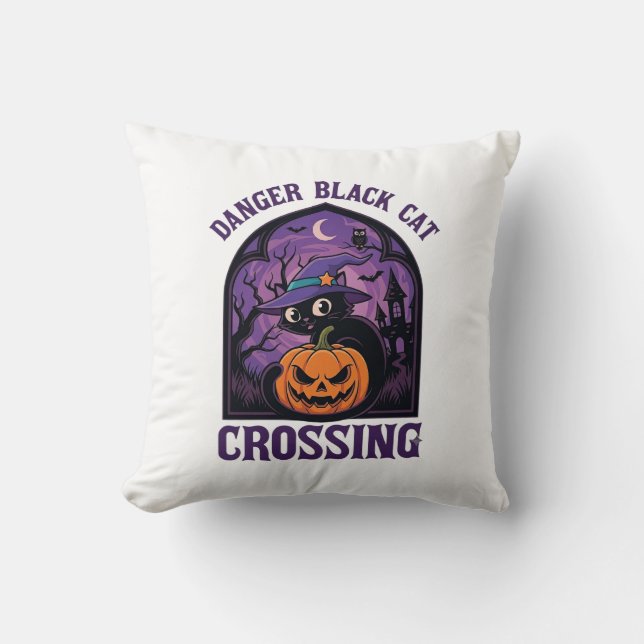 Coussin Chat Noir Dangereux Traverse Halloween Citrouille  (Recto)