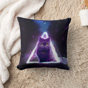 Coussin Chat noir dans le triangle hipster néon bleu